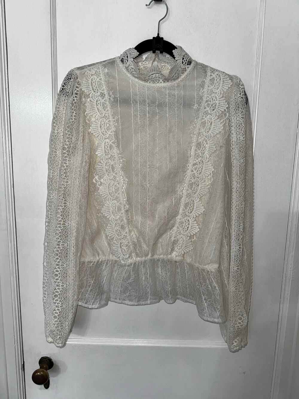 Express White Lace Ruffle High-Neck Peplum Blouse